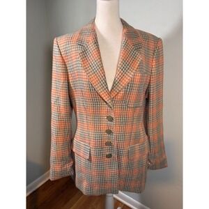 Escada Margaretha Ley Wool Lurex Plaid Blazer EU38 US8 Vintage 80s Orange Grey